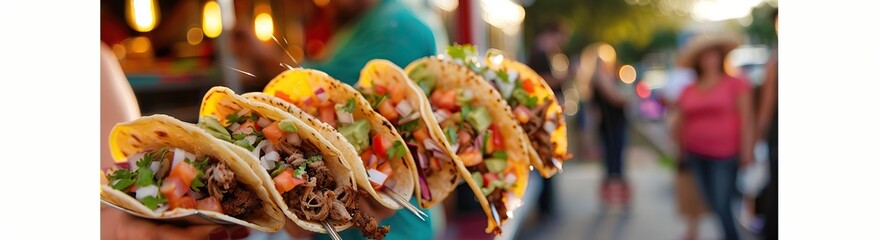 A group of food enthusiasts on a gourmet taco sampling tour at a trendy food truck in austin, texas. They are savoring and discussing the unique flavors and ingredients of the delicious tacos.