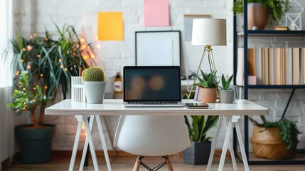 Modern and cozy home office setup tastefully decorated with Christmas lights and potted plants with an open laptop
