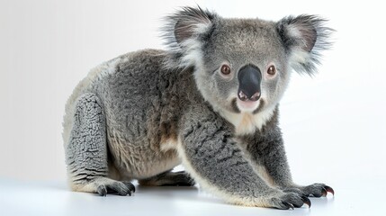 Naklejka premium Detailed image of a koala with grey fur, sharp claws, and a curious gaze on a light background