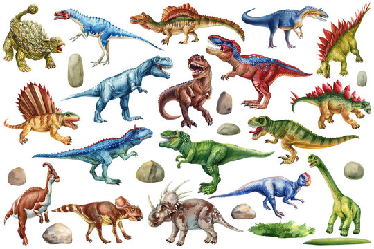 Realistic Dinosaur isolated. Hand drawing watercolor dinosaurs set. Dino clipart. Different reptiles prehistoric period