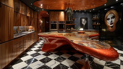 Luxurious and modern kitchen interior with elegant wood finishes and a unique red countertop design on a checkered floor.