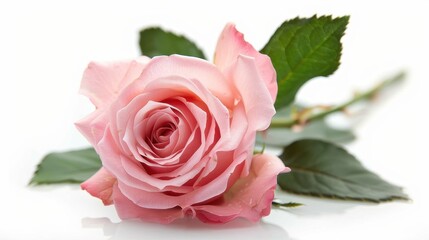 A beautifully captured image showcasing a pink rose resting on a white surface with a slight tilt, and it's stem extended