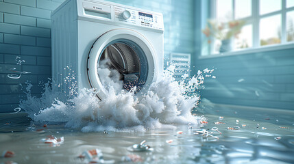 A white washing machine overflows, creating a large wave of water and suds in a bathroom