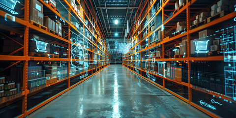 A digital projection of futuristic technology is overlaid on a warehouse aisle with shelves full of products