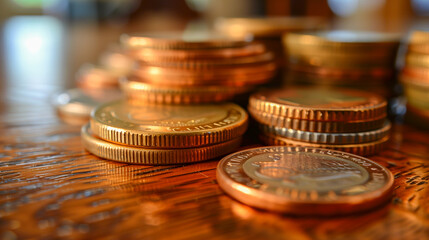 A close-up shot of a collection of gold coins on a wooden surface. The coins are stacked in various formations, catching the light and creating a warm and inviting glow