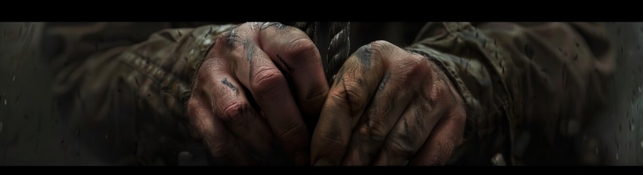 A desperate prisoner with bandit's hands gripping the bars of a cell in a maximum-security prison. The image depicts a sense of hopelessness and confinement.