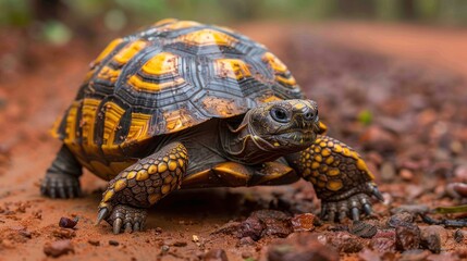Obraz premium Close-up of a vibrant tortoise exploring the reddish-brown soil in its habitat