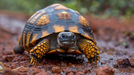 Obraz premium A vivid portrait of a tortoise displaying its unique patterned shell amidst contrasting red soil
