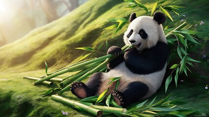 Obraz premium A panda chewing on bamboo (High Quality Wallpaper Wild PhotoGraphy)