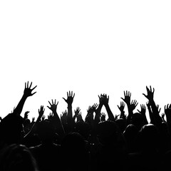 Crowd silhouettes with raised hands on white background.