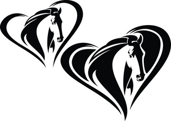horse head side view outline inside heart shape - black and white vector symbol of love and frienship with pony