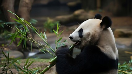 Naklejka premium A panda chewing on bamboo (High Quality Wallpaper Wild PhotoGraphy)