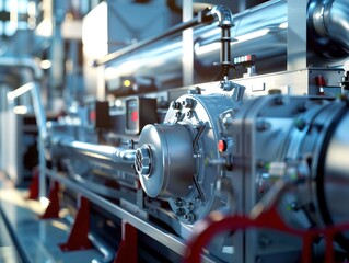 Close-up photo of a high-tech generator in operation at a modern power station, with detailed view of industrial machinery, technology, and power production process