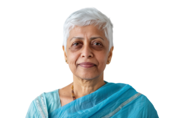 Smiling elderly Indian woman with short hair.