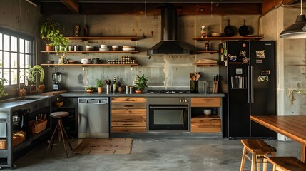 A modern industrial kitchen with stainless steel appliances and wooden cabinets creates a warm, yet sleek cooking space. 