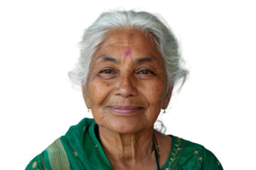 Smiling elderly Indian woman with short hair.