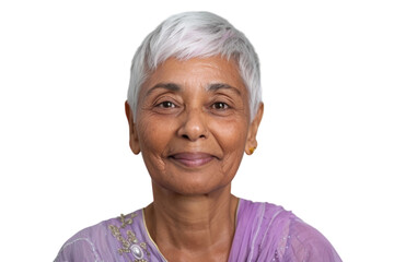 Smiling elderly Indian woman with short hair.