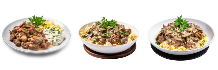 Beef Stroganoff, a hearty Russian dish with tender beef and creamy sauce on transparent background