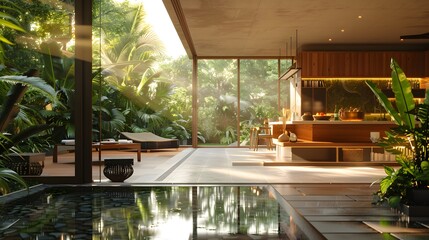 Fototapeta premium Luxurious indoor-outdoor living space with a seamless transition to a tranquil garden, featuring modern furniture and a serene pool reflecting the lush greenery. 