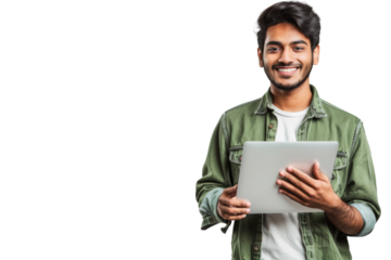 Smiling mid-age Indian man using a laptop.