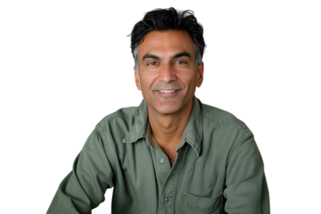 Smiling mid-age Indian man using a laptop.