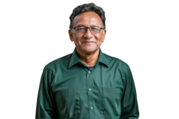 Smiling mid-age Indian man using a laptop.