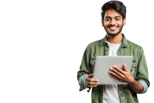 Smiling mid-age Indian man using a laptop.