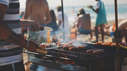 Friends enjoying sunny beach barbecue with hot dogs grilling and people gathering around