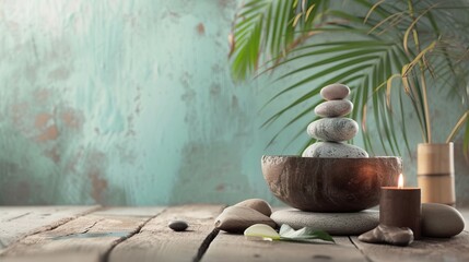 A serene spa setting with stacked stones in a wooden bowl, a lit candle, and a palm leaf in the background. The scene is set on a rustic wooden surface with a textured turquoise wall.