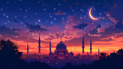 Obraz premium Silhouetted mosque at sunset with crescent moon and star-filled sky, evoking tranquility and spiritual serenity. Eid mubarak