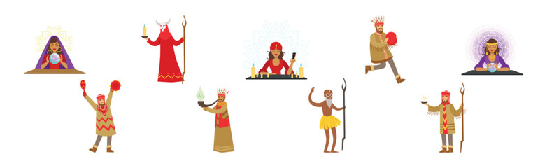 Different Man and Woman Fortune Teller and Shaman Character Vector Set