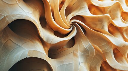 Abstract close-up of swirling, layered, and textured shapes in warm tones, resembling a natural formation or artistic sculpture.