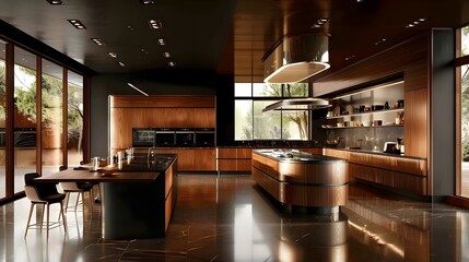Modern luxurious kitchen interior with clean lines and a warm color palette featuring high-end appliances and sleek design elements. 