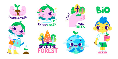 Obraz premium Cartoon environmental set for kids. Vector ecology collection with cute characters about planting trees.