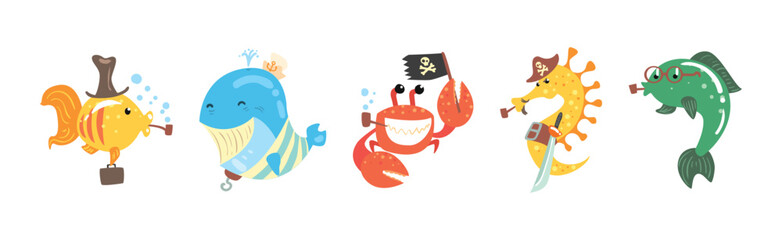 Pirate Sea Animals in Corsair Hats Swim in Ocean Vector Set