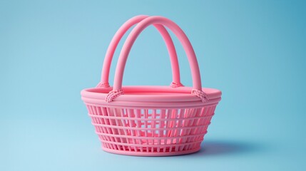 A pink plastic basket with double handles, perfect for storage or shopping, sits on a light blue background, combining style and functionality. 3D Illustration.