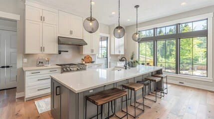 Fototapeta premium A modern kitchen with white cabinets, a large island, pendant lights, and a view of trees through ample windows.