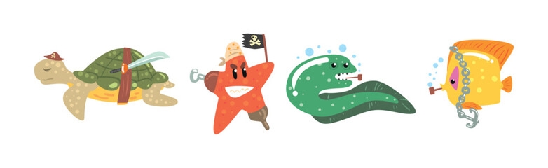 Pirate Sea Animals in Corsair Hats Swim in Ocean Vector Set