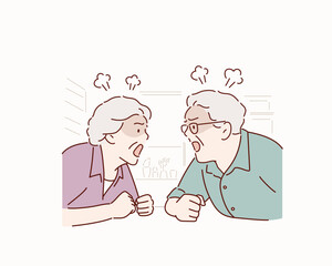 Old couples fight each other. Hand drawn style vector design illustrations.