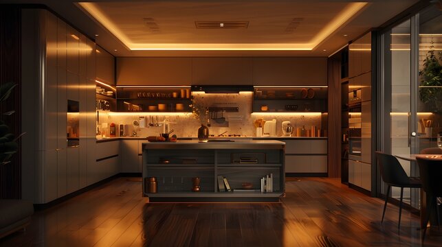 Modern kitchen interior design with warm LED lighting and sleek cabinetry captures a luxurious home aesthetic. 