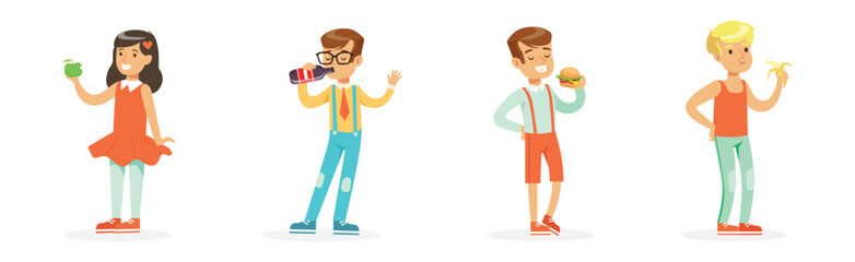 Little Boy and Girl Eat Fast Food Snack and Drink Vector Set