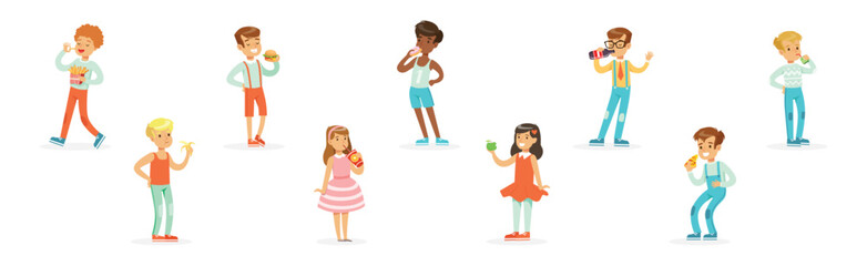 Little Boy and Girl Eat Fast Food Snack and Drink Vector Set