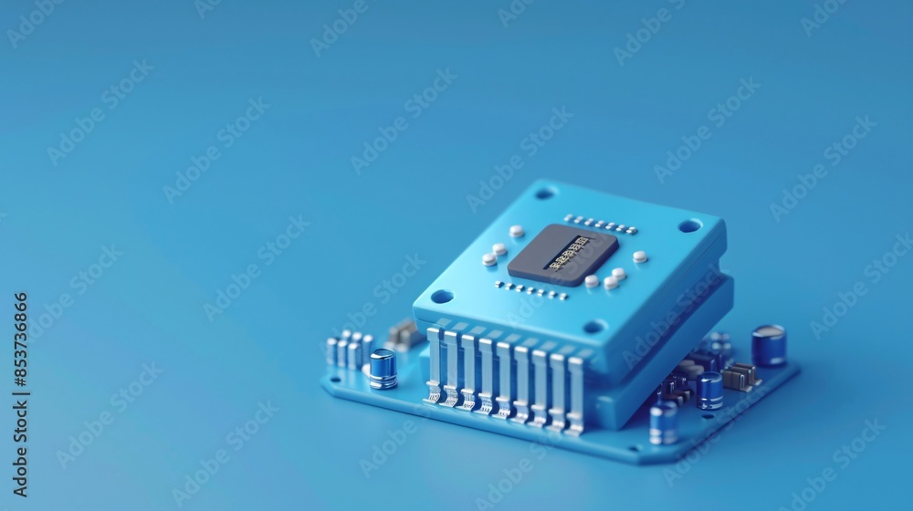 Poster close-up of a blue microchip on a circuit board. technology and hardware concept with copy space aga