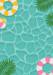 浮き輪やビーチボールが浮かぶ水色の水面のイラスト_縦向き
