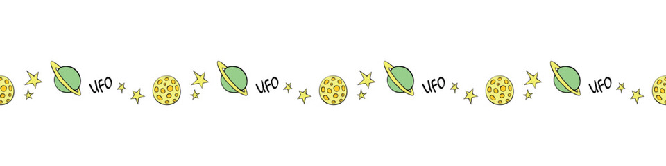 Edging, ribbon, border of planets, stars, moons, comets in doodle flat style. Decorative element, divider, decoration on theme of space, UFO, kids design © Iuliia