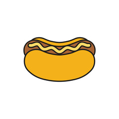 Yummy hot dog icon isolated on white background. Fast food takeaway meal with sausage for menu cafe design. Vector illustration.