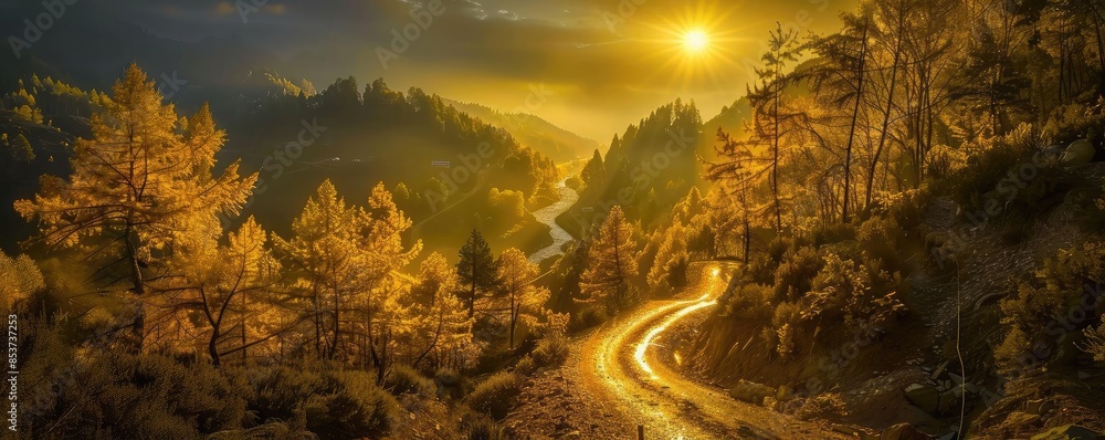 Poster golden forest path illuminated by the setting sun, winding through a scenic forest, creating a seren