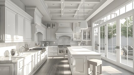 Modern spacious kitchen interior with bright natural light flowing through windows and a central island, all rendered in a monochrome palette. 