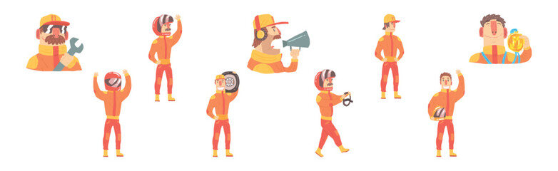 Racing Team Members In Orange Uniform with Driver and Pit Stop Technician Vector Set