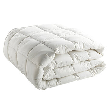 Cozy folded white comforter, quilt or duvet, isolated on transparency background, PNG cut out, perfect for cozy and warm bedding stock photo.